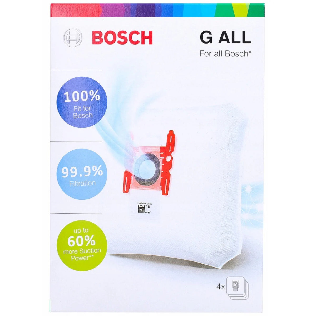 Bílý obal sáčků do vysavače Bosch G ALL 4ks s červeným držákem, logem BOSCH a grafickými kruhy s údaji 100%, 99.9% a 60%.