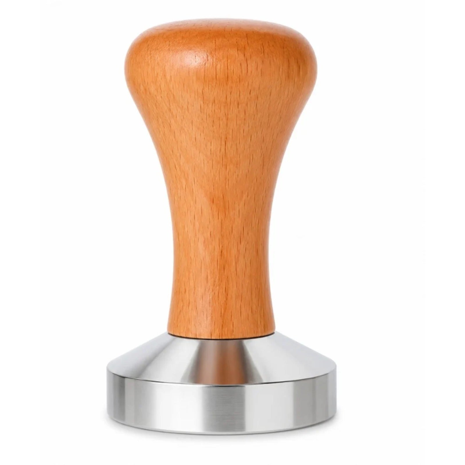 Stainless coffee tamper for portafilters 53mm - light brown, showing wooden handle and stainless flat base