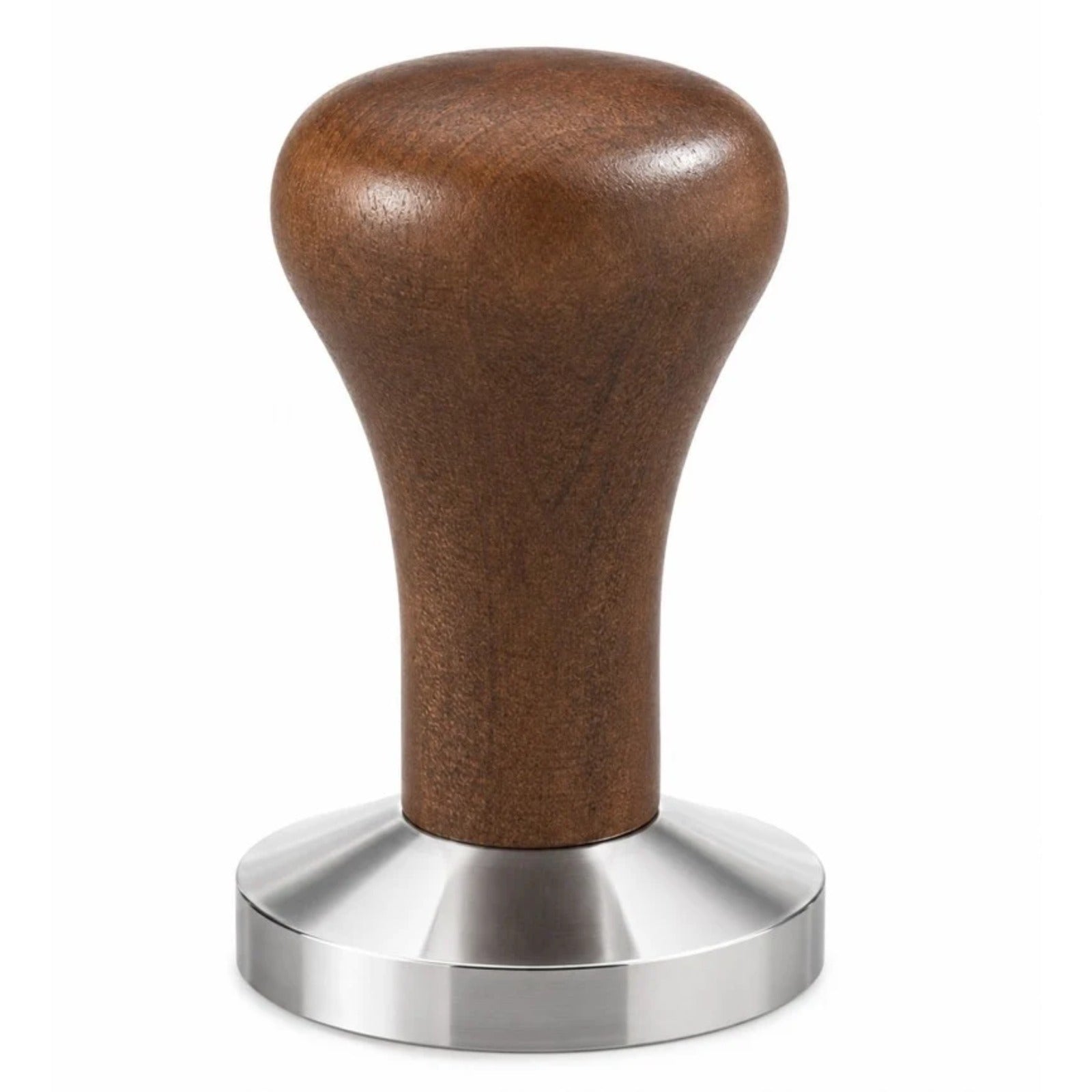 Stainless coffee tamper for portafilters 58mm - dark brown: detail of dark brown wooden handle and stainless smooth base
