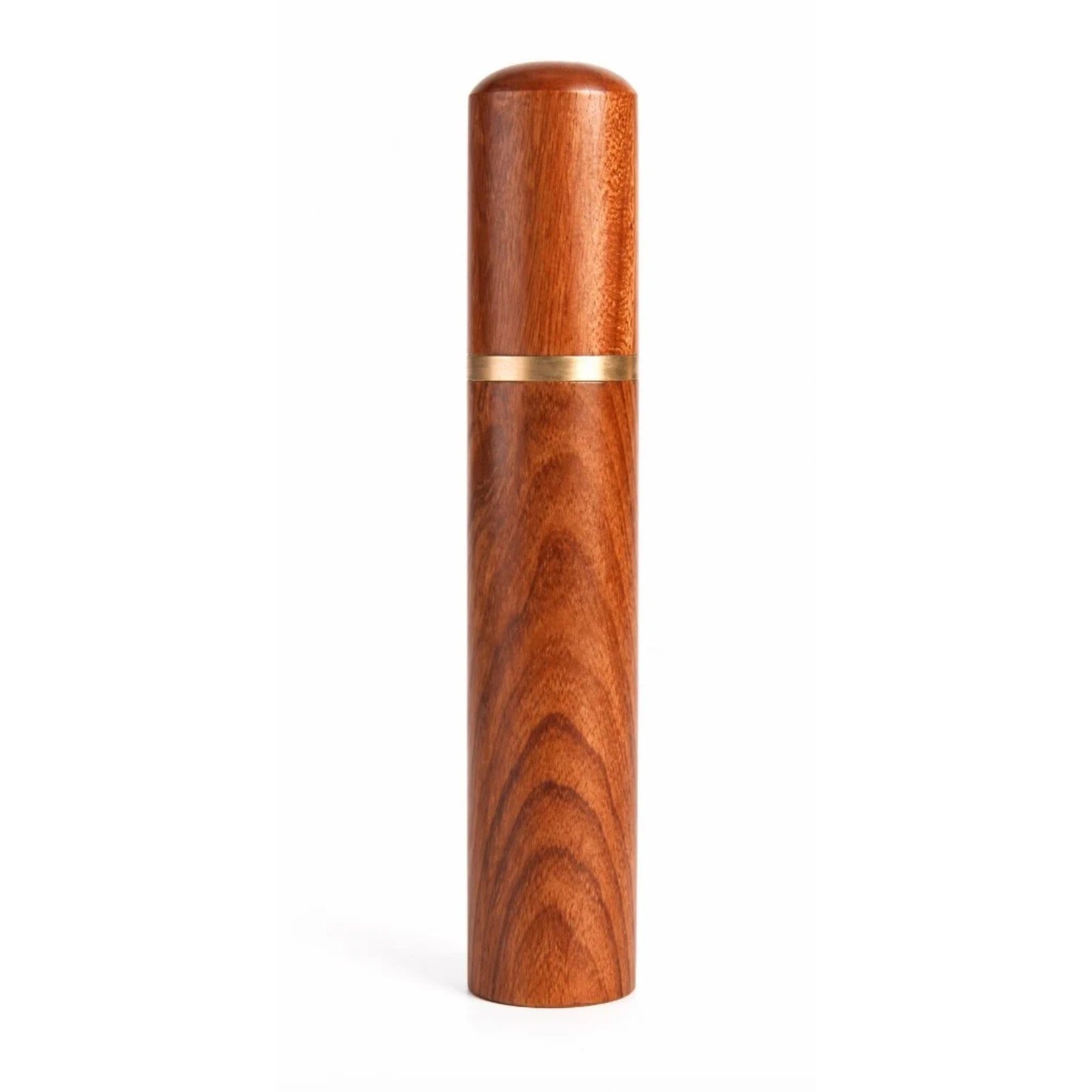 Needle coffee distributor for portafilters - light brown: wooden cylindrical distributor with a brass ring on a white background