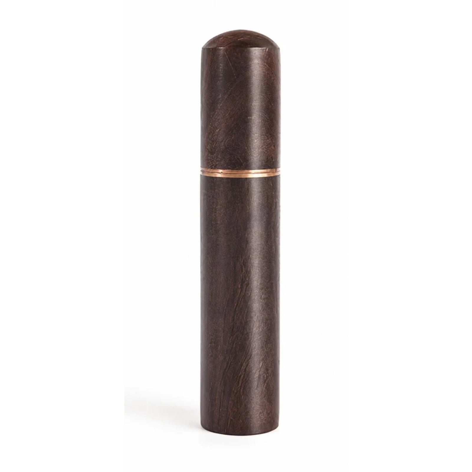 Needle coffee distributor for portafilters – dark brown cylindrical wooden distributor with rounded top and gold stripe