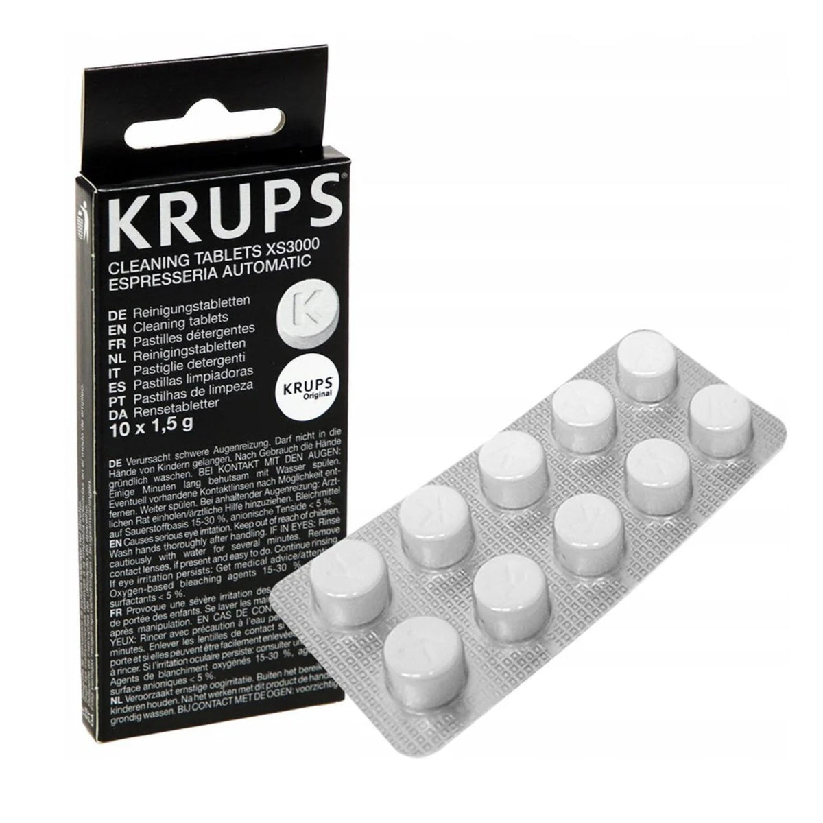 Black KRUPS Cleaning Tablets XS3000 packaging beside a silver blister with ten round white tablets