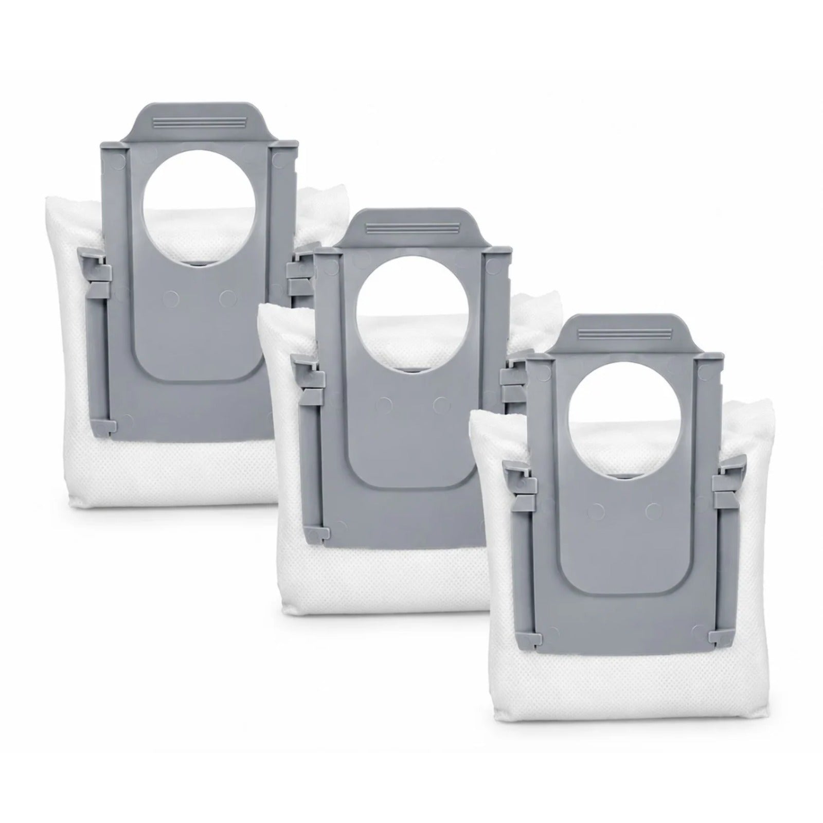Roborock Saros 10R, Qrevo Curv/MaxV – three white dust bags with gray plastic adapters