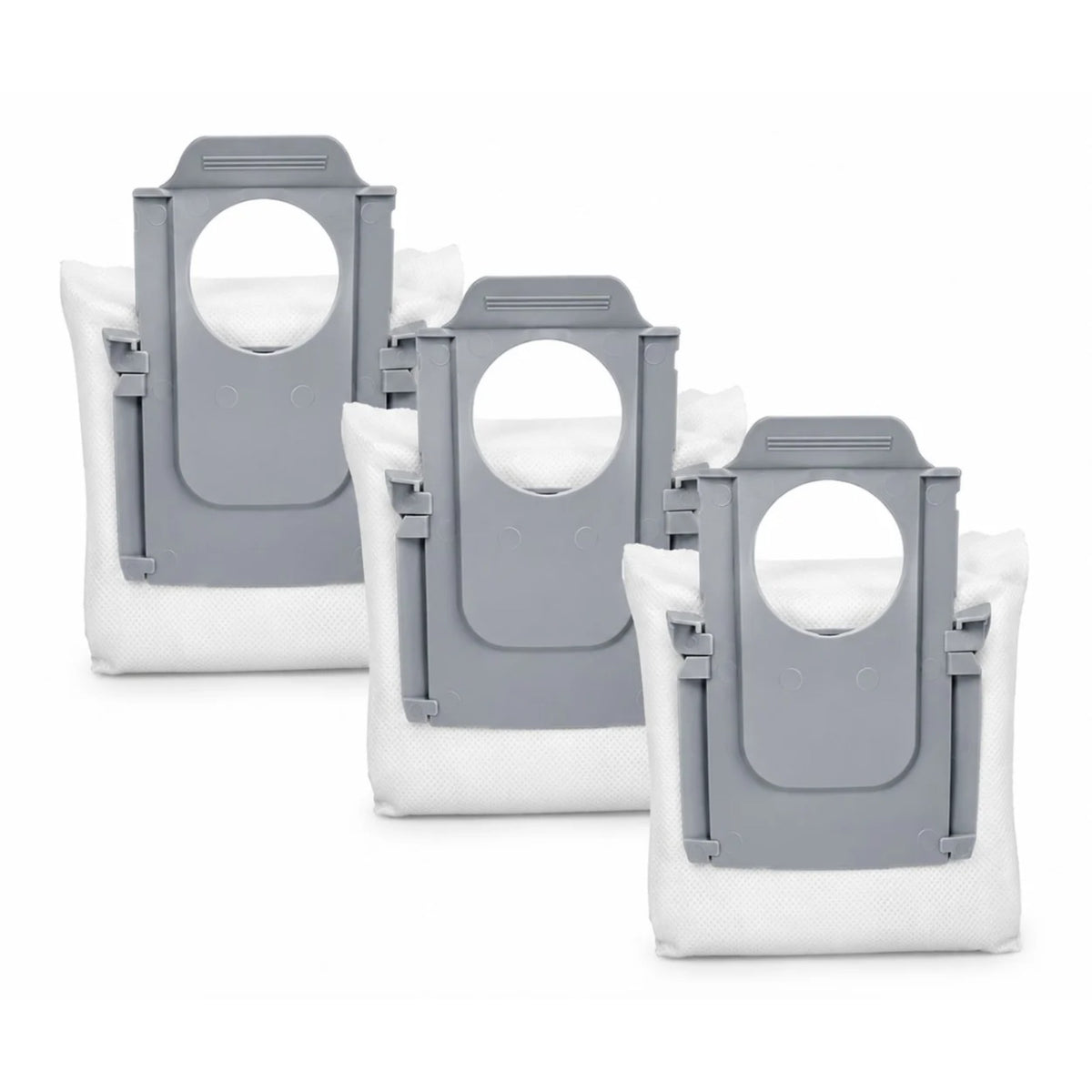 Roborock Saros 10R, Qrevo Curv/MaxV – three white dust bags with gray plastic adapters