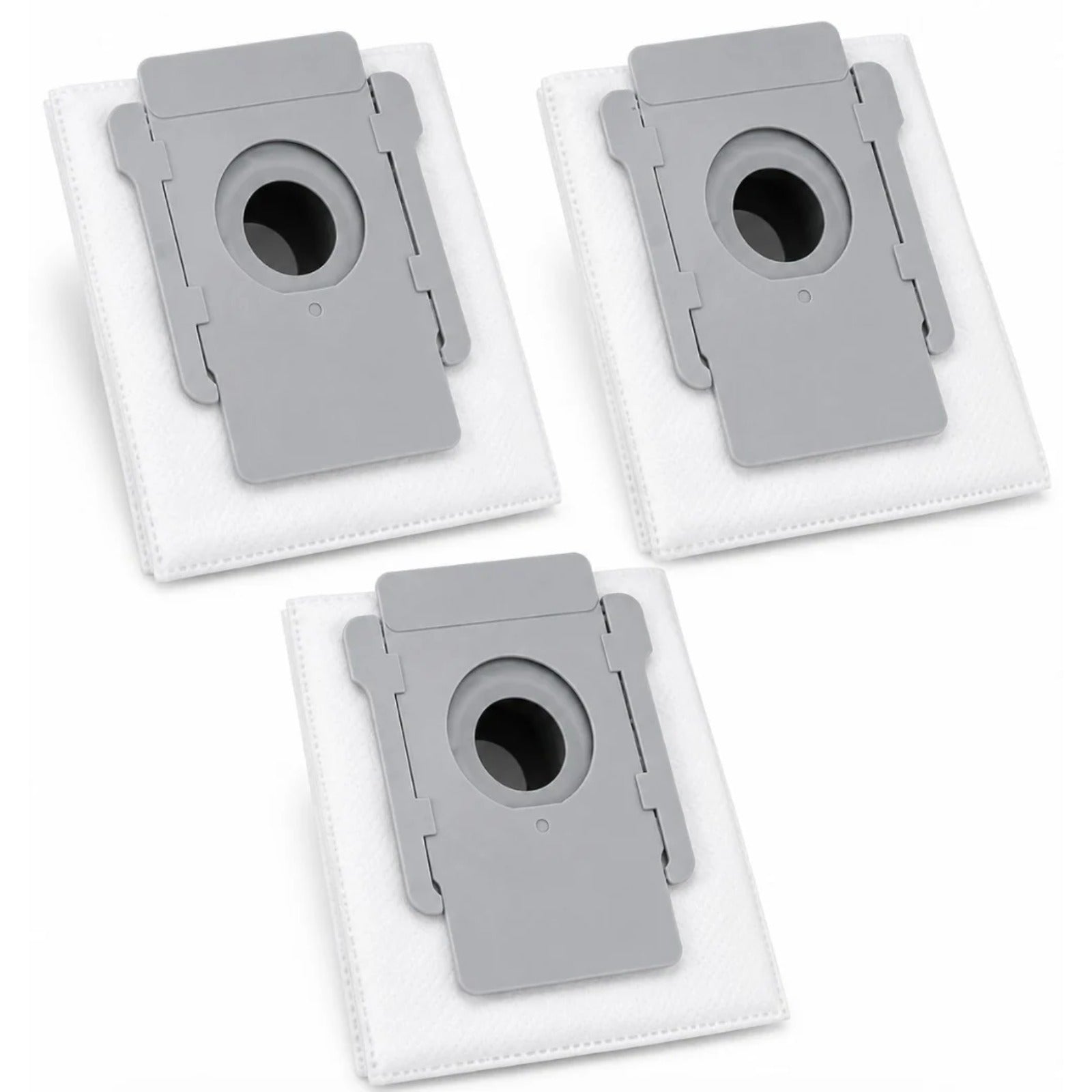 Compatible dust bags for iRobot Roomba j7+, i7+, i5+, i3+ – three white bags with gray plastic collar, close up