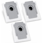 Compatible dust bags for iRobot Roomba j7+, i7+, i5+, i3+ – three white bags with gray plastic collar, close up