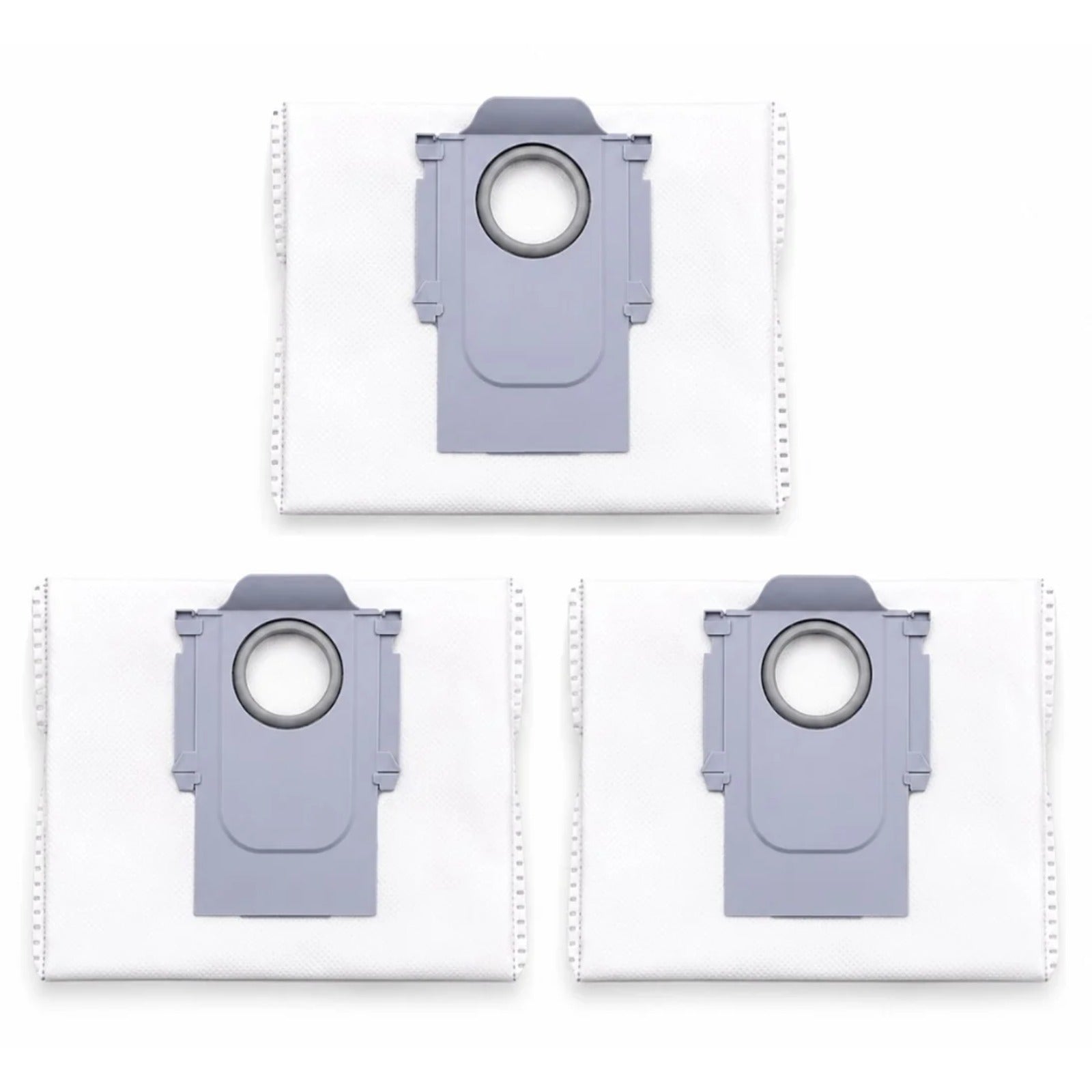 Roborock Q10 S5+/Q8 Max+/S8 Pro Ultra/S7 MaxV Ultra – three white dust bags with gray plastic necks