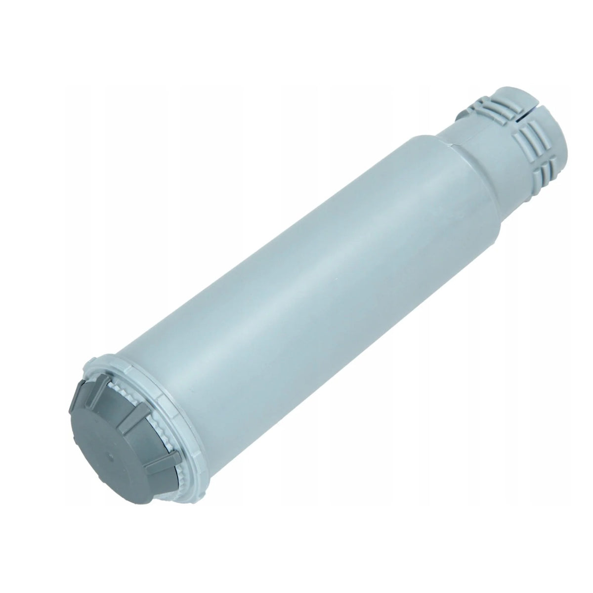 Gray cylindrical Krups Claris water filter with plastic stoppers on both ends on a white background