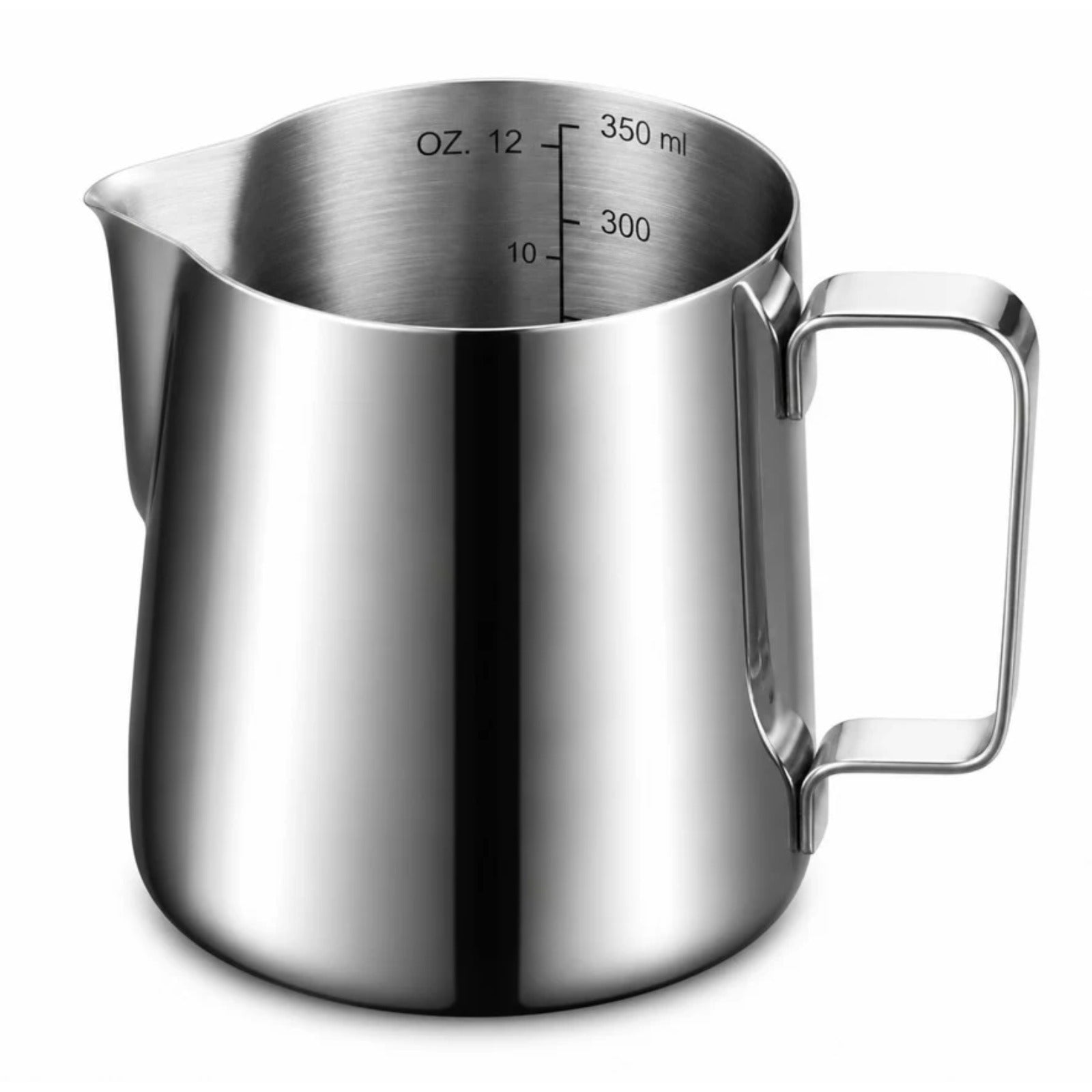 Stainless milk pitcher 350ml, polished stainless jug with volume markings, spout and angled metal handle