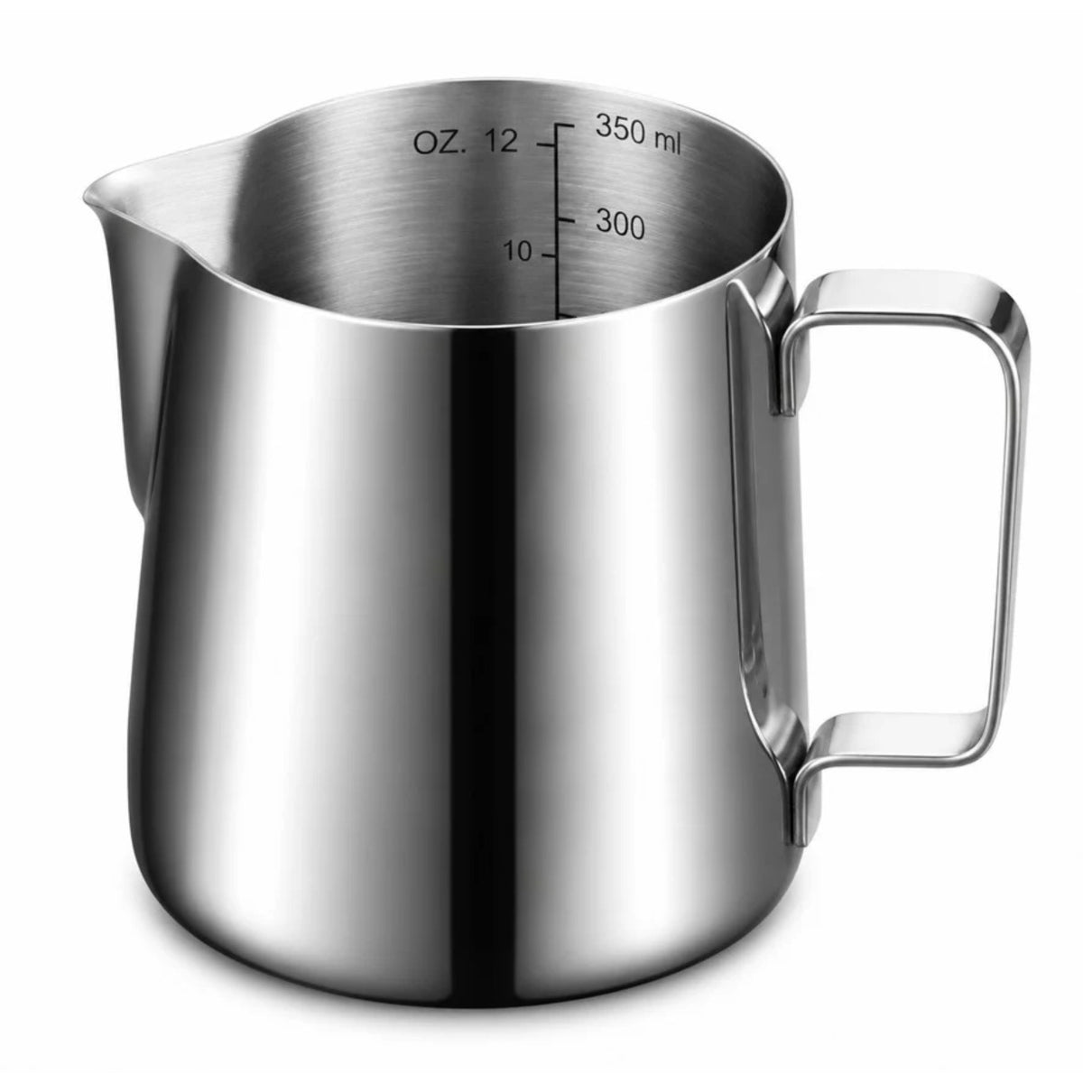 Stainless milk pitcher 350ml, polished stainless jug with volume markings, spout and angled metal handle