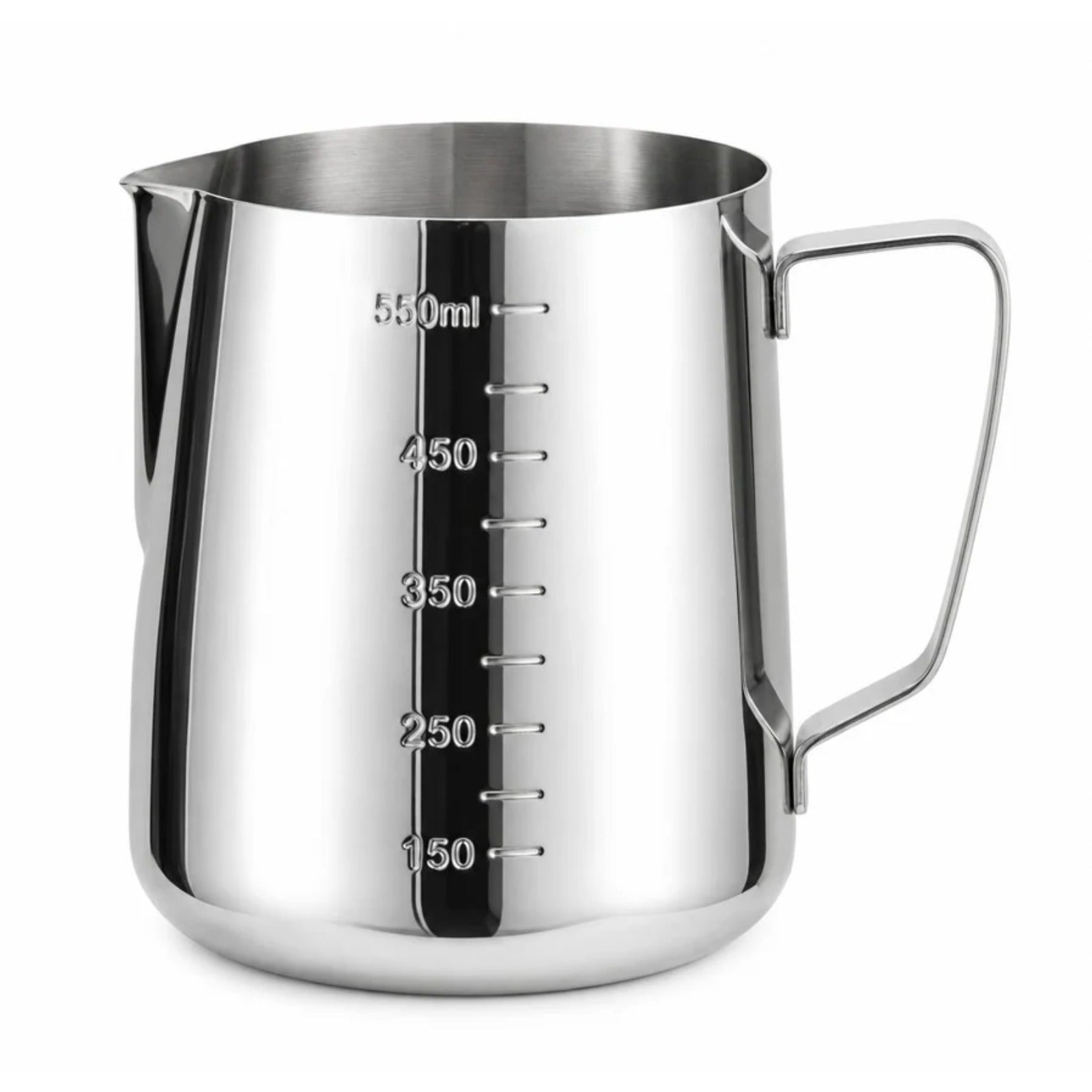 Stainless milk pitcher 550ml - polished stainless jug with 150–550 ml markings, spout and angled handle