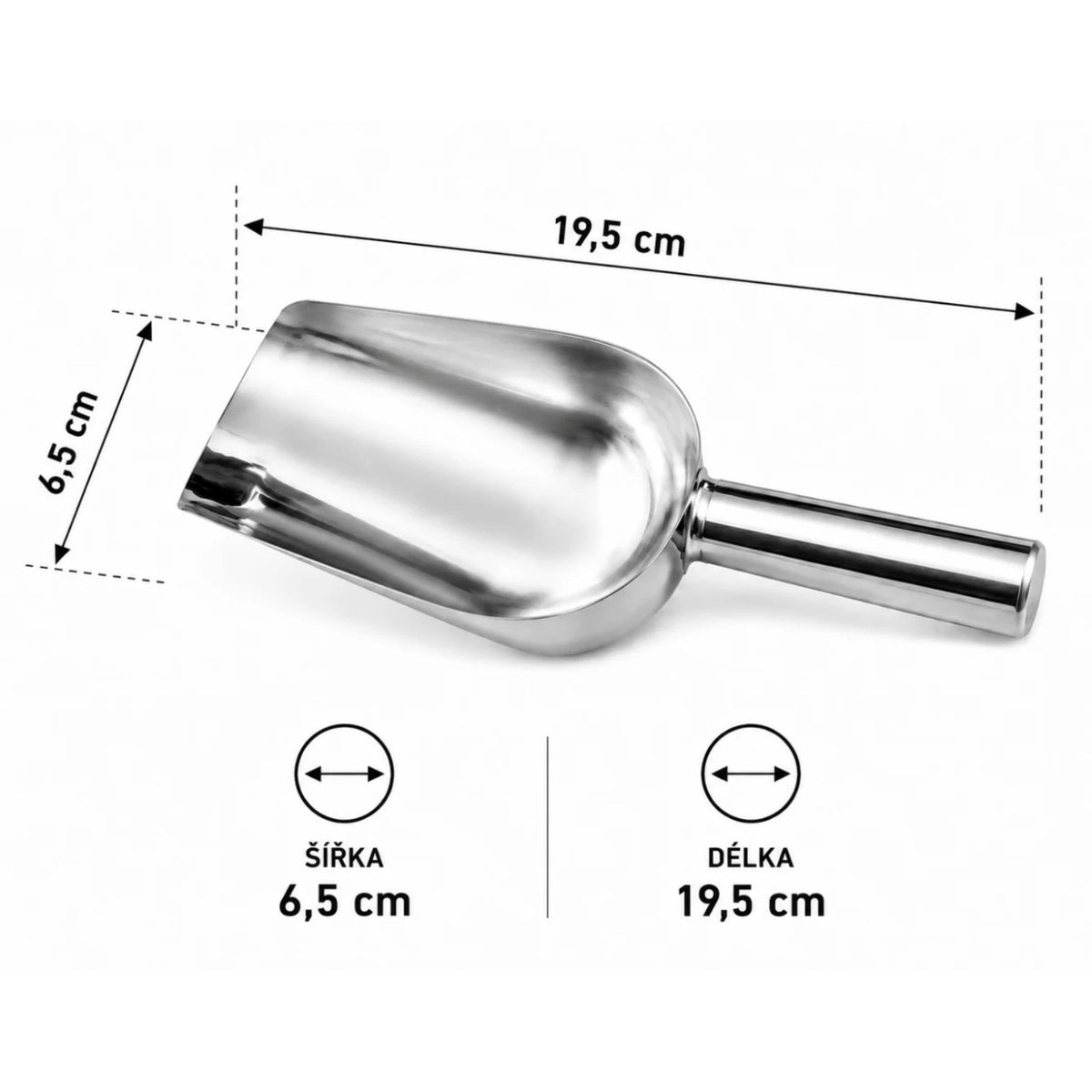 Coffee bean scoop S, stainless 19.5 cm – polished steel with handle, side view and dimensions