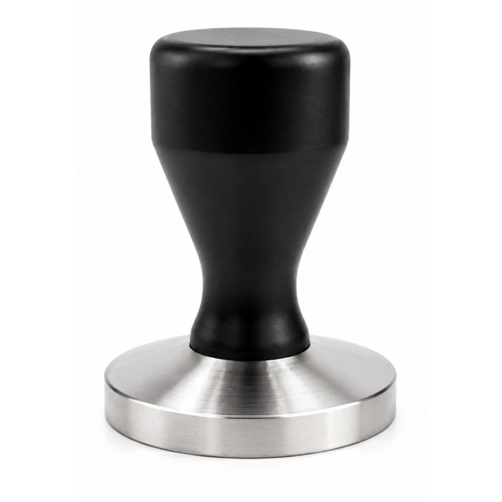 Stainless coffee tamper for portafilters 58mm - black: detail of black handle and stainless flat base