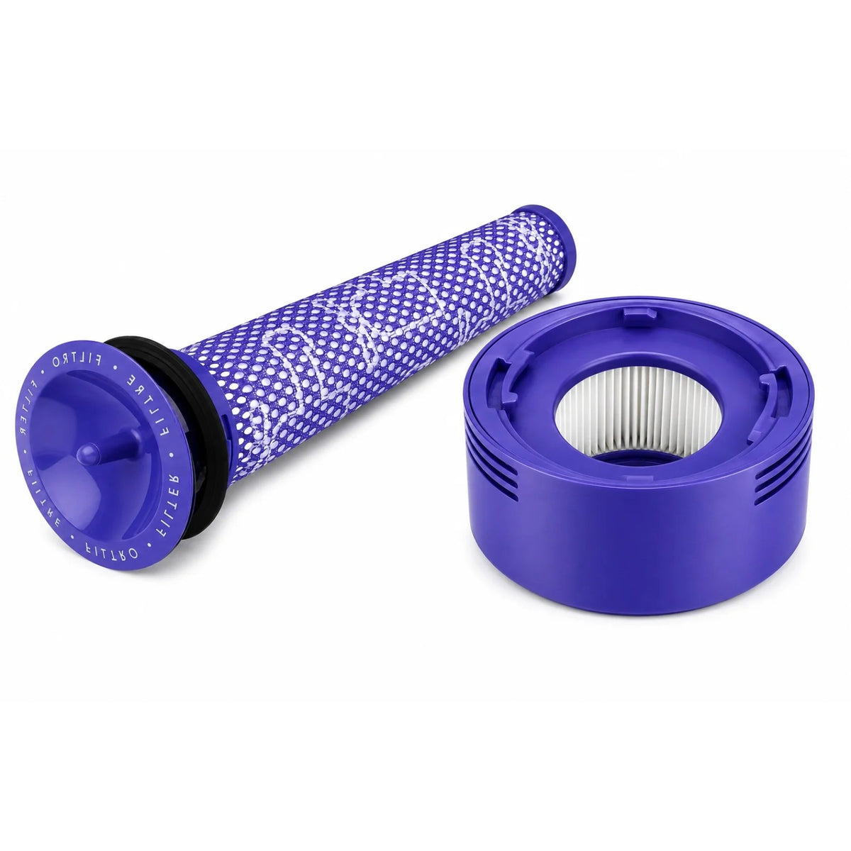 Sada HEPA filtrů pro Dyson V7/V8 – vstupní a výstupní omyvatelné fialové filtry na bílém pozadí