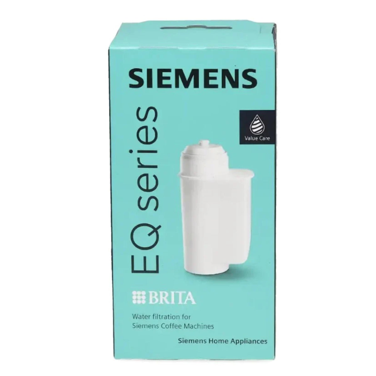 Tyrkysově zelená krabička Siemens EQ series s bílou filtrační patronou Brita na přední straně