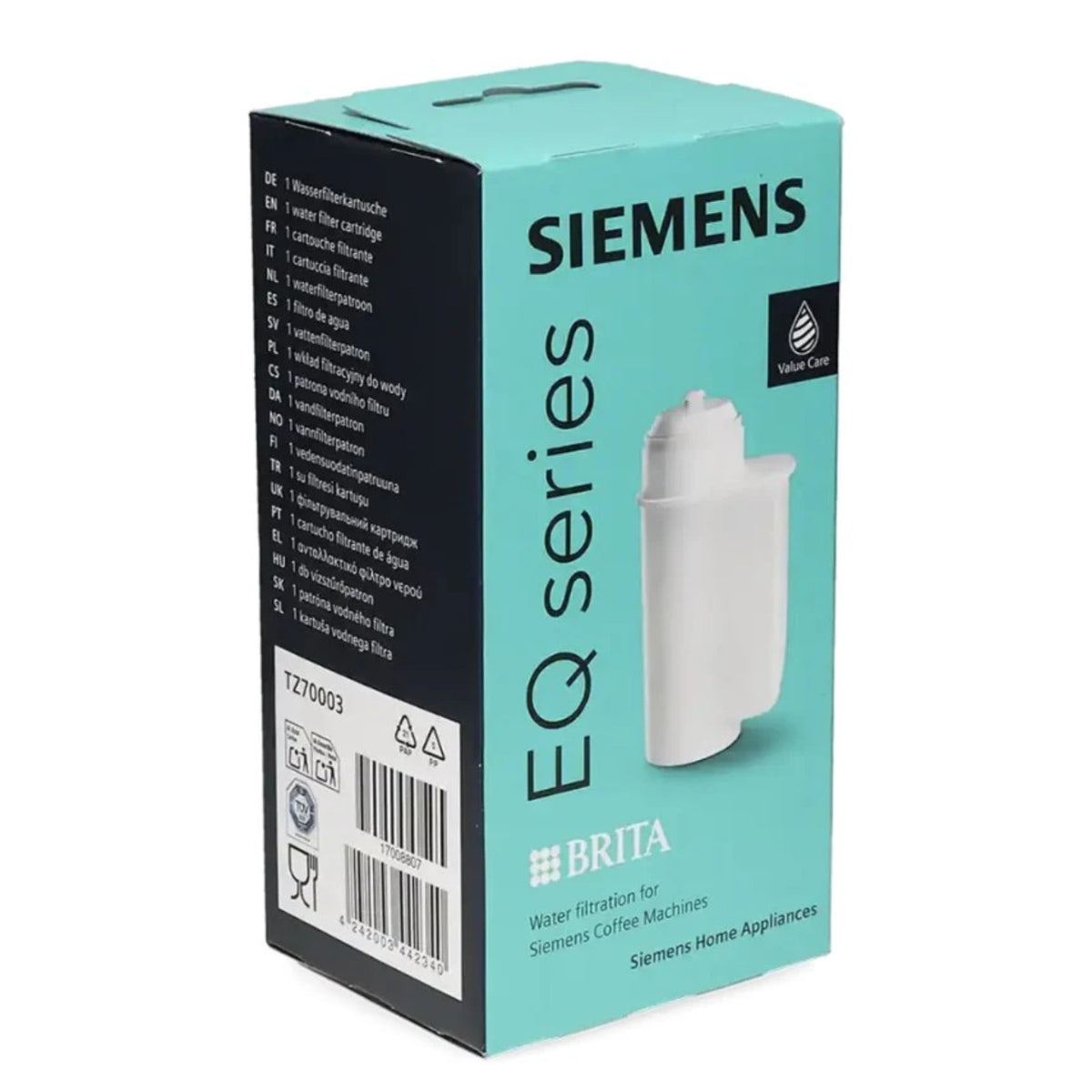 Tyrkysovo‑černá krabička Siemens EQ series s obrázkem bílé filtrační patrony Brita a označením TZ70003