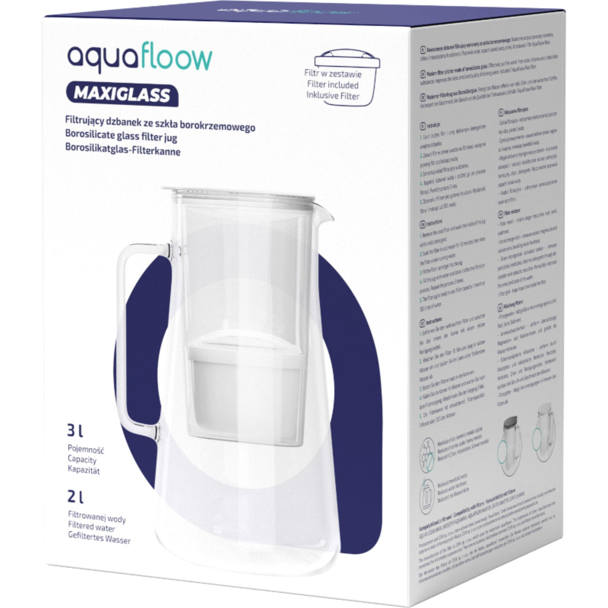 Aquafloow MaxiGlass glass filter pitcher 3L + 1x filter cartridge