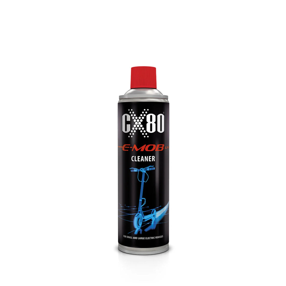 black spray CX-80 E-MOB Cleaner 500 ml with red cap and blue sketch of an electric scooter on the label