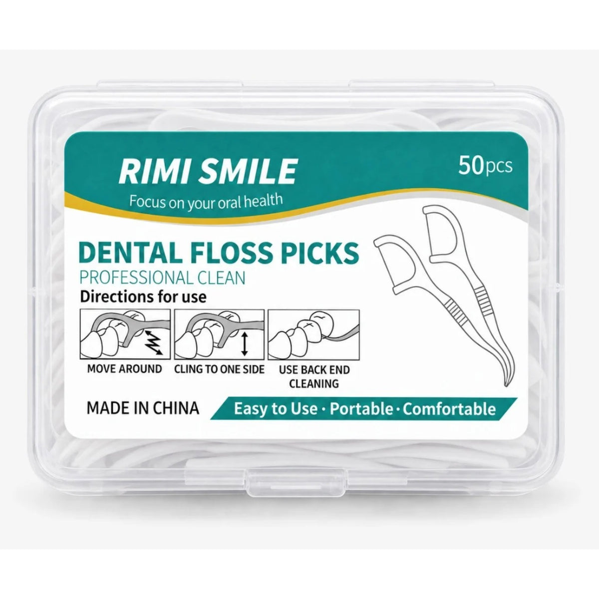 Mezizubní párátka se zubní nití RIMI SMILE – 50 ks, bílé plastové pouzdro s návodem a ilustracemi použití