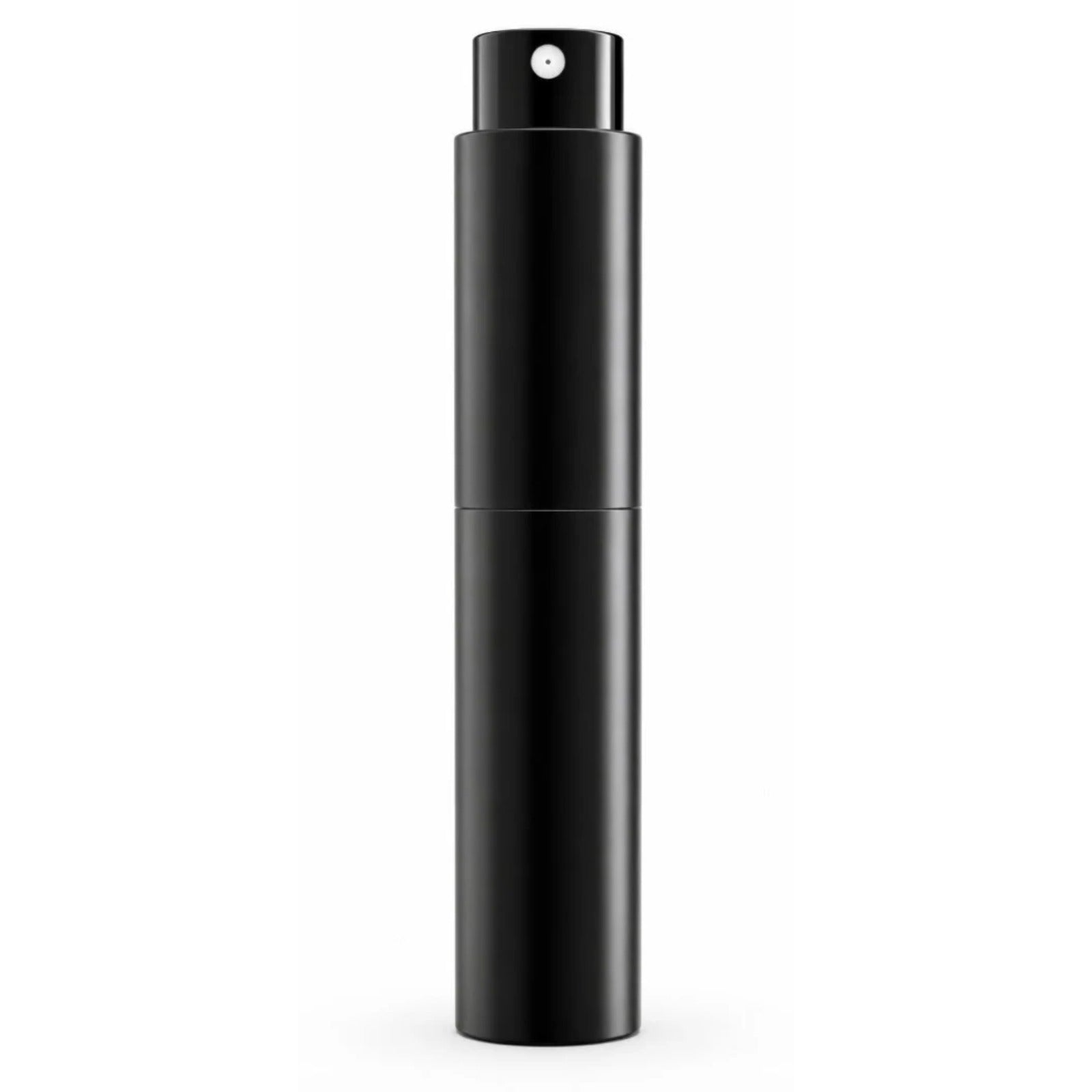 Small coffee bean sprayer 10ml black metal sprayer from front, without cap, nozzle detail