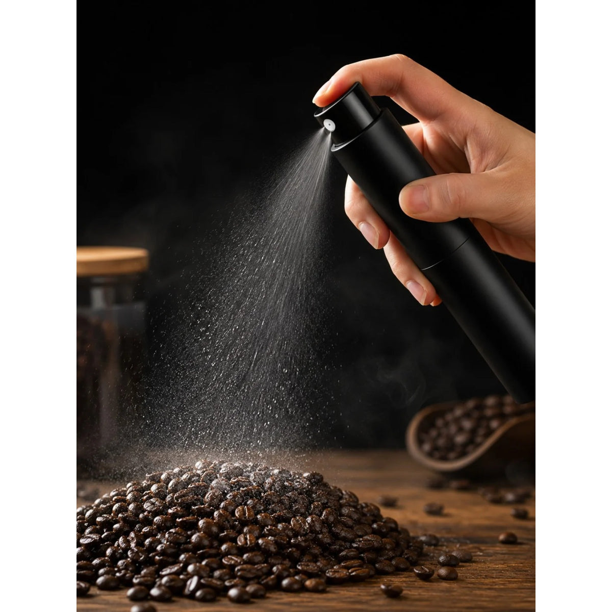Small coffee bean sprayer 10ml black, being sprayed by hand over a pile of glossy coffee beans in a fine mist