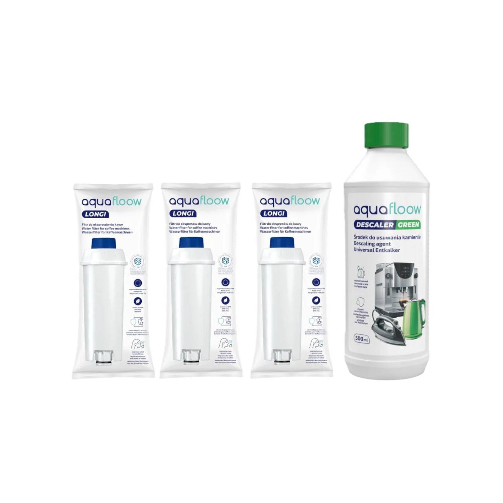 Three white Aquafloow Longi water filters in packaging beside a white Aquafloow Descaler Green 500 ml bottle with a green cap