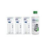 Tři bílé vodní filtry Aquafloow Longi v obalech vedle bílé láhve Aquafloow Descaler Green 500 ml s zeleným víčkem