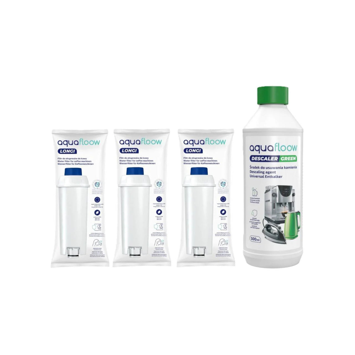 Tři bílé vodní filtry Aquafloow Longi v obalech vedle bílé láhve Aquafloow Descaler Green 500 ml s zeleným víčkem