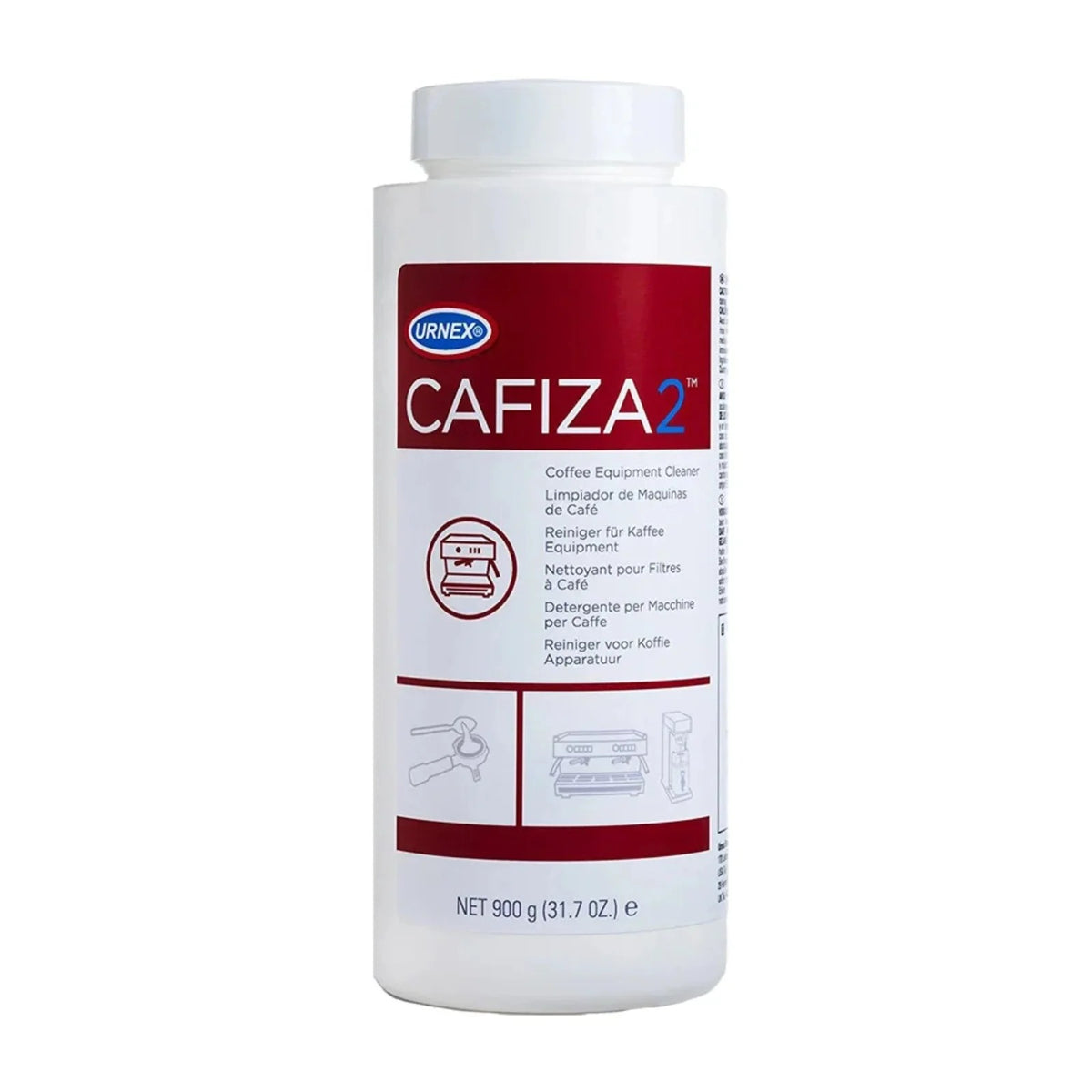 White plastic canister Urnex Cafiza 2 with red label reading CAFIZA2, 900 g, with images of coffee machines on the label